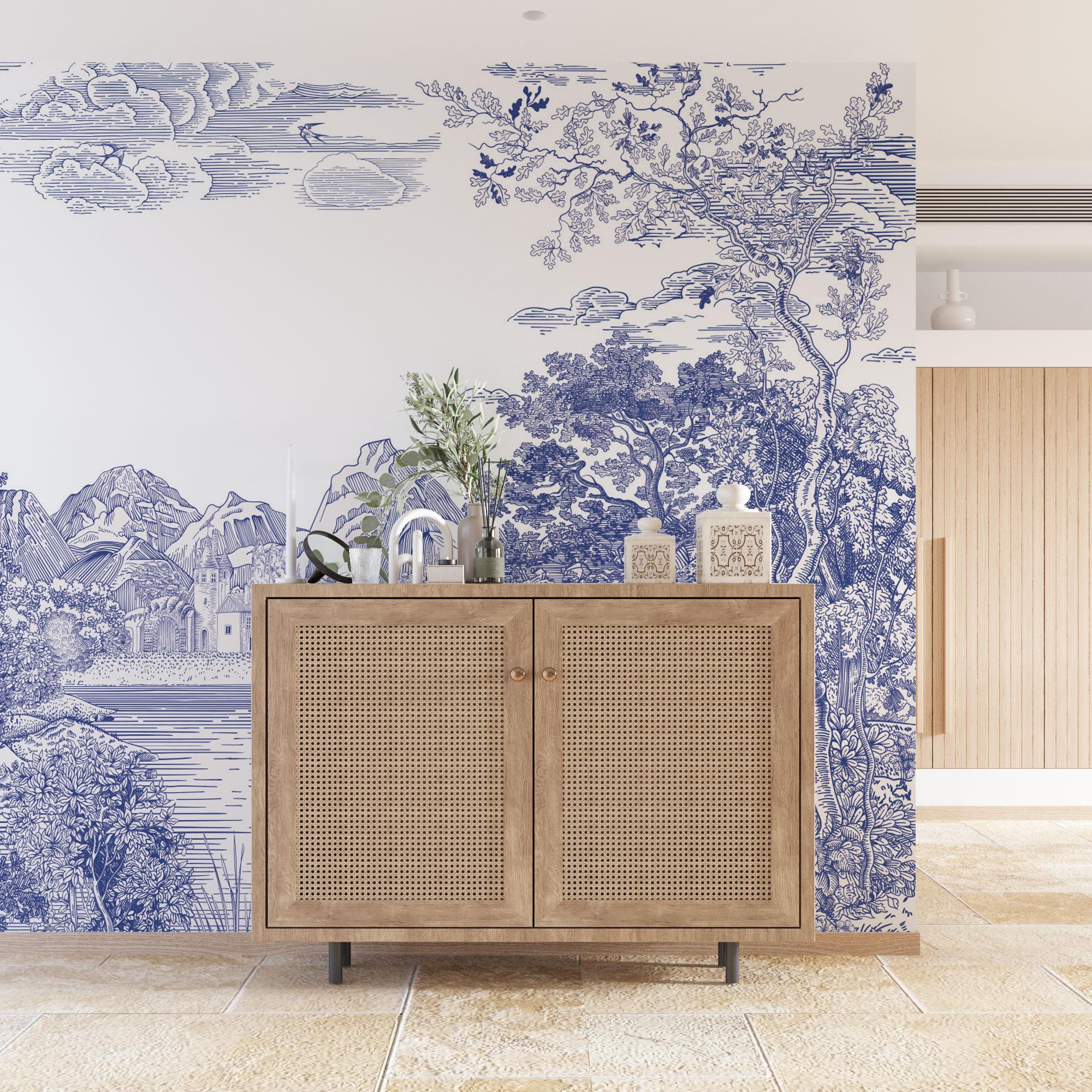 Papel de parede Blue Toile: mural vintage de paisagem florestal com possibilidade de remoção e colagem