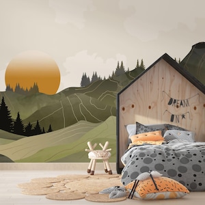 Sunset Mountain Nursery Wallpaper: Boho Watercolor Peel and Stick Mural