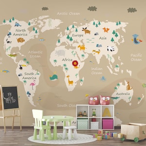 Mapa del mundo de animales lindos, mapa de pared educativo, papel tapiz infantil autoadhesivo, murales de pared con mapas para guardería, mural para habitación infantil, papel tapiz para habitación infantil
