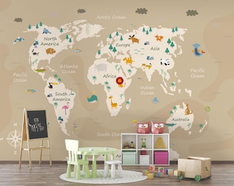 Papel pintado infantil con mapa del mundo - Mural de pared con mapa de animales para guardería - Mural educativo con mapa del mundo, color beige para la decoración de la habitación de los niños pequeños