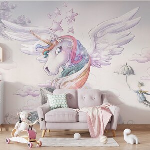 Carta da parati per bambini con castello di unicorni ad acquerello, murale per cameretta con unicorni, carta da parati per cameretta per bambine, murale per cameretta per bambini con castello delle fate e foresta