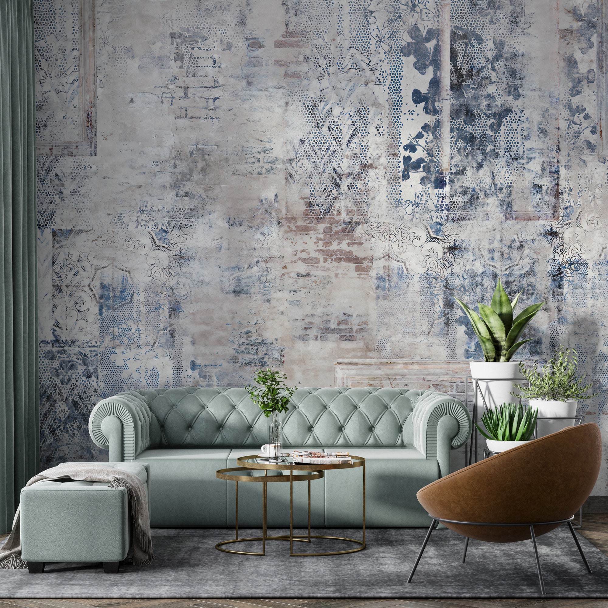 Vintage Style Wall Mural, Antique Look Wallpaper Peel Stick, Blue Colors Living Room Wall Mural