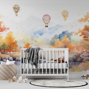 Autumn Landscape Forest Nursery Wall Mural, Easy Removable Self Adhesive Woodland Kids Wallpaper, Balloons Pine Trees Child Room Wallpaper