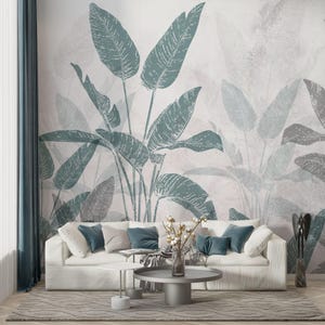 Banana Leaf Wallpaper Tropical Wall Mural Beige Peel and Stick, Banana Leaf Wall Murals, Green Gray Beige Colors  Self Adhesive Wallpaper