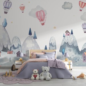 Carta da parati per camerette, murale per cameretta con mongolfiera, murale per cameretta con cielo e nuvole, murale per pareti con montagne scandinave da staccare e attaccare
