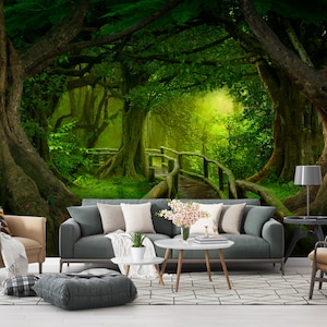 Magic Forest Mural, Enchanted Forest Kids Wallpaper, Amazon Rainforest Self Adhesive Removable Kids Mural, Forest Lanscape Living Room Mural