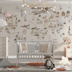 Carta da parati murale per cameretta dei bambini con mappa del mondo beige, carta da parati murale per cameretta dei bambini con mongolfiera e aeroplano, carta da parati per bambini con adesivi, carta da parati per bambini con mappe del mondo