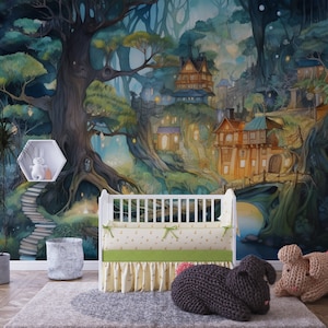 Décoration murale forêt aventure, décoration murale forêt pour chambre d'enfant, papier peint chambre d'enfant dans les arbres, papier peint forêt enfant, décoration murale forêt magique