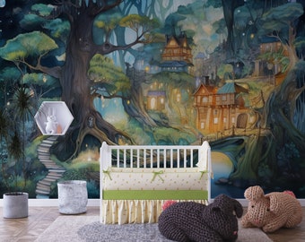 Adventure Forest Wall Decor, Forest Design For Children Mural Room, Tree Houses Nursery Wallpaper, Forest Kids Wallpaper