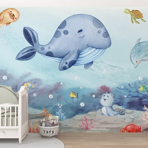 Carta da parati adesiva con simpatici pesci e animali marini, per cameretta di bambini, con balene blu, murale con motivo oceano.