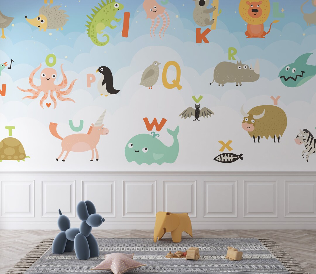 Kids Peel and Stick Wallpaper, Cute Baby Animals Wall Mural, Pastel ...