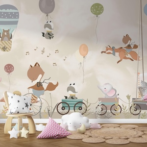 Carta da parati per bambini nei colori beige pastello, carta da parati adesiva con mongolfiere, murale per cameretta, carta da parati autoadesiva con animali per bambini