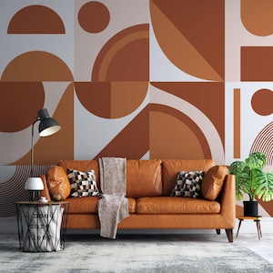 Boho Geometric Wallpaper, Circular Lines Abstract Wall Mural,  Modern Living Room Bedroom Wall Mural, Brown Colors Minimalist Wall Mural