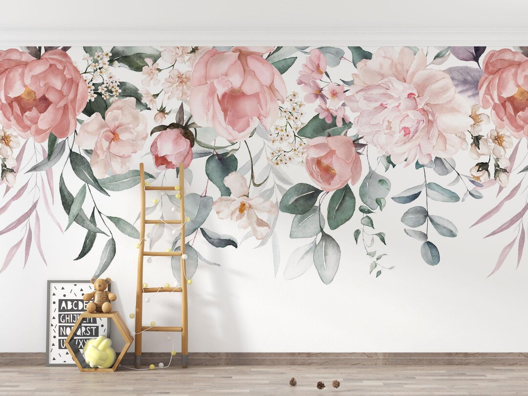 Pink Peony Watercolor Floral Wallpaper Mural - Peel and Stick - Etsy