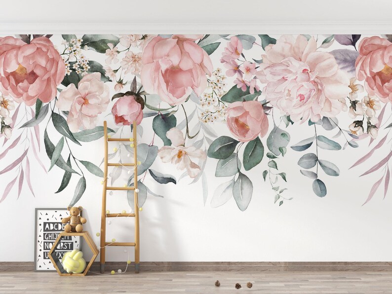 Pink Peony Watercolor Floral Wallpaper Mural - Peel and Stick - Etsy
