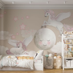 Einhörner und beige Farben Tapete für Mädchen, Kinderzimmer-sweet Dreams Baby Peel and Stick Wallpaper, Einhörner Kinderzimmer selbstklebendes Wandbild