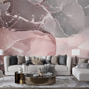 Pastel Colors Ink Art Marble Wallpaper, Pink Gray Colors Marble Design Wall Mural, Self Adhesive Marble Look Wallpaper, Marble Pattern Paper