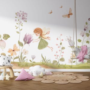 Fairy Garden Blumen Kinder Tapete, Fee Blumen Baby Kinderzimmer Selbstklebendes Wandbild, Kinderzimmer Spielzimmer Wanddekor, Kinderzimmer Wandbild