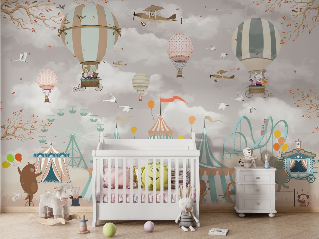 Kids Wallpaper Peel and Stick Hot Air Balloon Wall Mural Pastel Colors ...