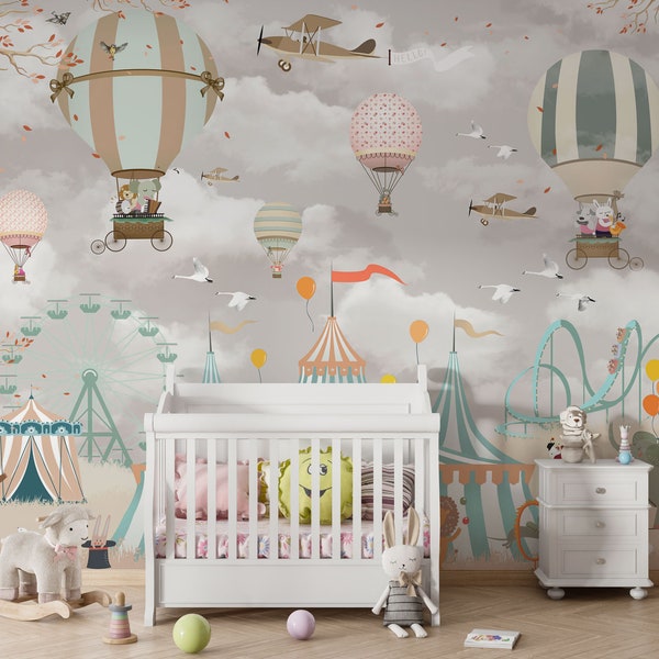 Kinderbehang Schil en plak hete luchtballon muurschildering pastelkleuren lucht en wolken kinderkamer muurschildering, kinderkamer wanddecoratie
