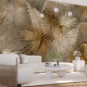Carta da parati con foglie di palma tropicali, colori pastello, marrone e beige, murale con piante della giungla, carta da parati autoadesiva staccabile e attaccabile
