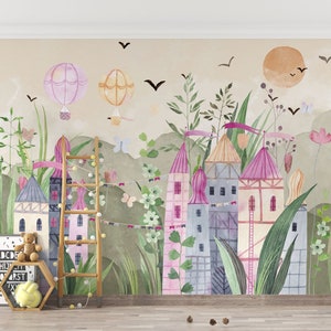 Magic Castle Watercolor Kids Wallpaper, Princess Houses, Self-adhesive Removable Mural, Decal, Pastel Color Sunset Nursery Decor, Tapestry