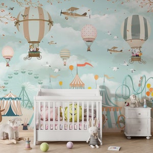 Blauer Himmel Baby Kinderzimmer niedliche Tiere Wandbild, Heißluftballon Kinder Tapete, Tiere Kindergarten Wandbild, selbstklebende Kinderzimmer Tapete