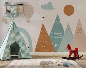 Boho Mountain Nursery Wallpaper, Rainbow And Hot Air Balloons Peel Stick Kids Wallpaper