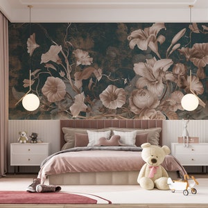 Papier peint salon fleurs vintage, décoration murale florale couleurs pastel, grande décoration murale florale, papier peint vintage Badroom