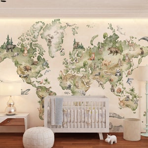 Animals World Map, Continents and Animals Child Room Murals, Peel and Stick Wallpaper, Removable Wallpaper, Kids For World Map