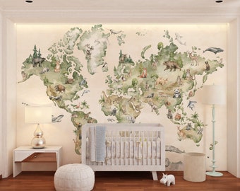 Watercolor World Map Wallpaper with Animals - Educational Nursery Wall Mural - Sage Green Kids Room Decor - Jungle Animal Map Peel and Stick