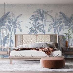 Blue Forest Trees Wall Murals, Vintage Looking Forest Wallpaper Peel and Stick Watercolor Tree Landscape Mural, Forest Landscape Wallpaper