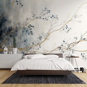 Chinoiserie Wallpaper, Gray Blue Color Wall Mural Peel and Stick, Flowers Wallpaper, Asian Wall Mural, Tree Wallpaper, Floral Wallpaper