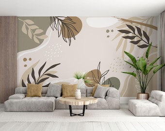 Boho Leaves Abstract Wall Mural: Beige & Gold Peel and Stick Wallpaper