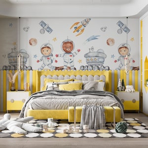 Murale da parete per sala giochi con razzo spaziale astronauta di dimensioni personalizzate, carta da parati rimovibile per cameretta dei bambini, murale da parete staccabile e adesiva per cameretta dei bambini astronauta