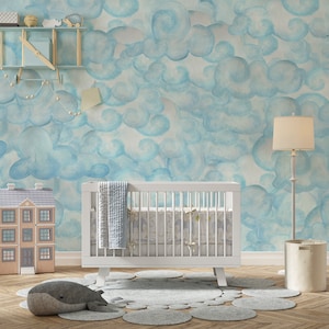 Pastellfarbe Aquarell Kinder Tapete, Blauer Himmel und Wolken selbstklebendes Wandbild, Himmel Kinderzimmer Wandbild, Jungen Baby Kinderzimmer Blaue Tapete