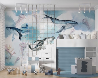 Nursery Ocean Life Child Room Wallpaper - 3D Sea Life Peel and Stick Kids Wallpaper, Blue Whale Kids Nursery Wall Mural, Baby Wall Decor