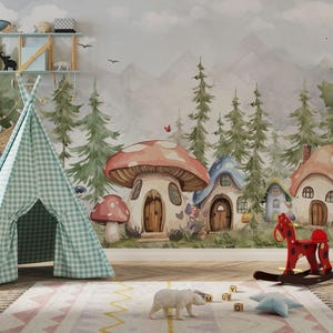Cute Mushroom Houses Kids Room Peel and Stick Wallpaper, Pine Tree Forest Nursery Mural, Large Scale Child Room Woodland Scenic Wallpaper