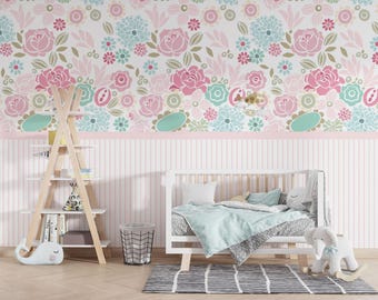 Floral Nursery Wallpaper for Baby Girl, Pink and Teal Rose Wall Trim Look Wall Mural, Peel and Stick Pastel Flower Wallpaper, Wall Decor