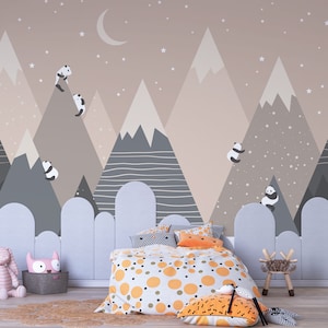Carta da parati adesiva per bambini con montagne e simpatici panda, carta da parati autoadesiva per cameretta dei bambini, decorazione murale per la stanza dei giochi dei bambini