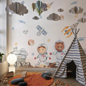 Carta da parati con spazio e astronauti per cameretta dei bambini, murale rimovibile effetto acquerello con stelle e pianeti per bambini, decorazione da parete per la sala giochi dei bambini.
