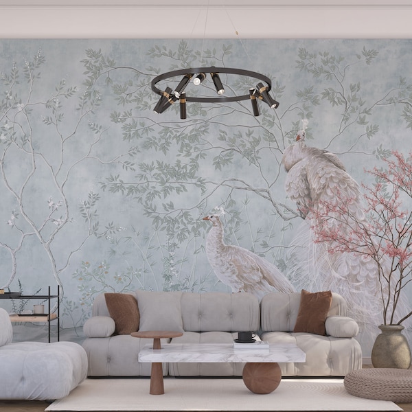 Chinoiserie Wallpaper Peel and Stick, Peacock Wall Mural, Asian