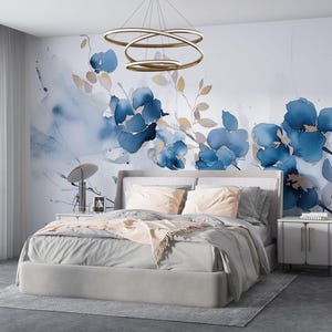 Chinoiserie Wallpaper, Gray Gold Blue Color Wall Mural Peel and Stick, Flowers Wallpaper, Asian Wall Mural, Tree Wallpaper, Floral Wallpaper