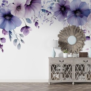 Aquarell Blumen Tapete, Lila Blau Blumen Wandbild, Kinderzimmer Schälen und Stick Papier, Kinder Tapete, Kinderzimmer Wandbild, Botanisches Wandbild