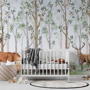 Wald Kinderzimmer Wandbild: Birken Bäume & Waldtiere