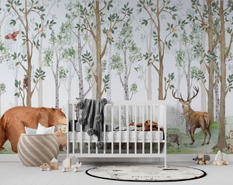 Papel pintado infantil con abedules y animales del bosque - Mural de pared para habitación infantil con temática de bosque, decoración de pared para habitación infantil