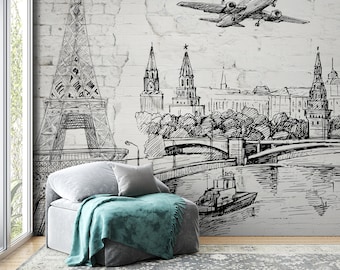 Paris Sketch Wall Mural - Modern Black and White Peel & Stick Wallpaper - Brick Pattern Wallpaper