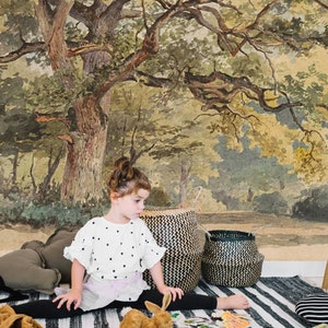 Forest Tree Mural Wallpaper: Vintage Hand-Painted Wall Decor
