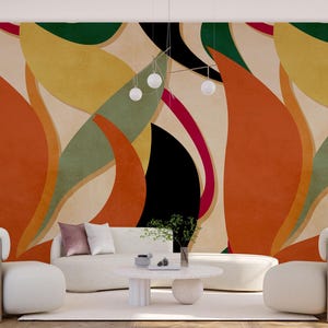 Custom Size Boho Abstract Art, Abstract Peel and Stick Wall Mural, Boho Green Orange Colors Artistic Wallpaper, Bohomian Colors Wallpaper