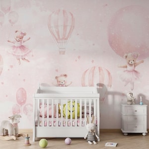 Carta da parati fotografica per bambini con teneri orsi, mongolfiere, rose rosa e paesaggio fatato, moderna decorazione murale per la cameretta di una bambina, carta da parati murale per bambini con principesse